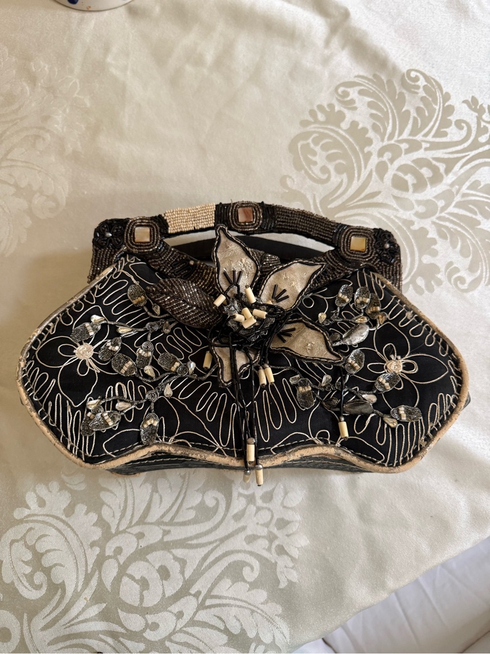 Mary Frances Beaded Black Floral Evening Clutch with Gold Accents